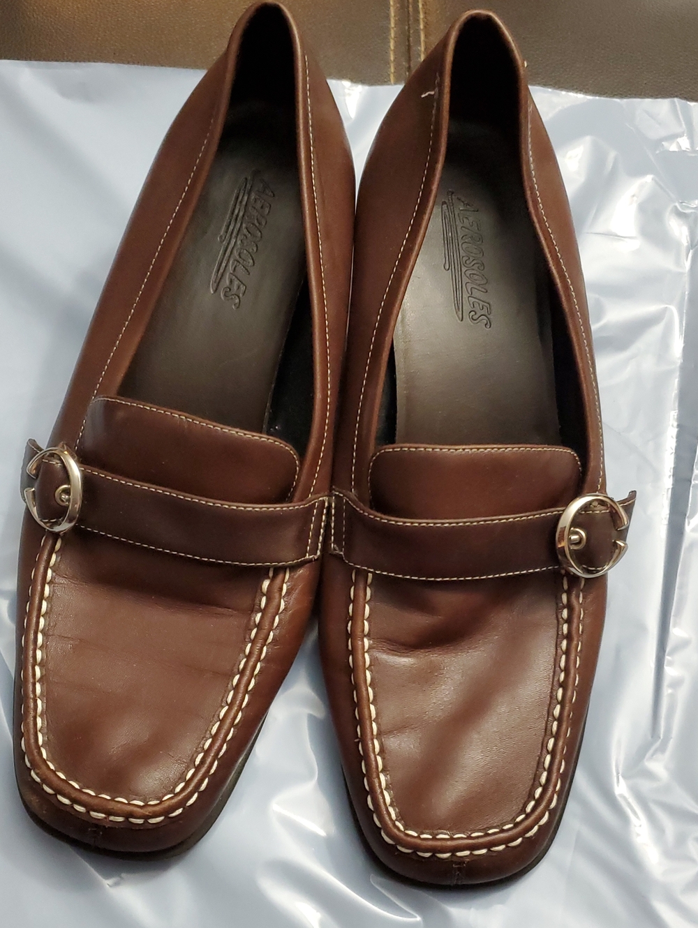 AEROSOLES Brown Leather Loafers with Round Buckle